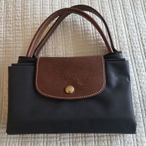 Longchamp Black Nylon Tote with Brown Leather Trim